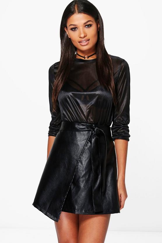 Jen Tie Asymetric Leather Look Mini Skirt